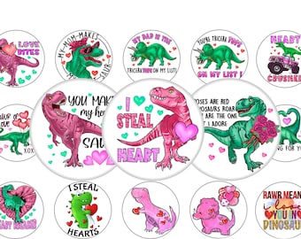 1 inch Bottle Cap Images- Buy 3 get 1 Free- Read Directions Below, Valentine's Dinosaur Images, 4x6 sheet. Digital Download, JPEG