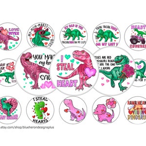 May include: A set of 12 round Valentine's Day stickers featuring dinosaurs with hearts and romantic sayings. The stickers feature pink, green, and red colors. The text on the stickers includes "Love Bites", "My Mom Makes Me a Dinosaur", "I Steal Your Heart", "Rawr Means I Love You in Dinosaur", and more.