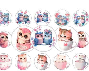 Immagini di gufi e gattini di San Valentino su tappi di bottiglia da 2,5 cm (download digitale)