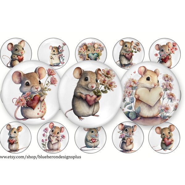 Sweet Mice Valentine Glass Images -1 inch Bottle Cap Images- Buy 3 get 1 Free- Read Directions- 4x6 sheet with 15 images. Digital Download