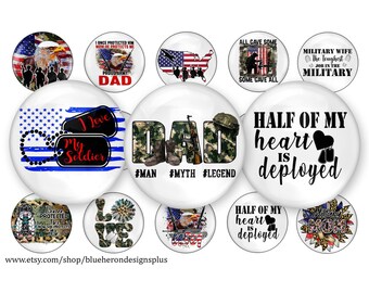 May include: A set of 12 round, white, sublimation blanks with various patriotic and military-themed designs. The designs include American flags, camouflage patterns, and text such as "I love my soldier", "Proud Army Dad", "Half of my heart is deployed", and "Military Wife".