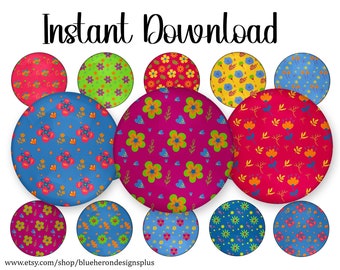 Retro Flowers- 1 inch Bottle Cap Images- Buy 3 get 1 Free- See Directions - 4x6 sheet. Digital Download, JPEG & PNG 25mm cabochons-Printable