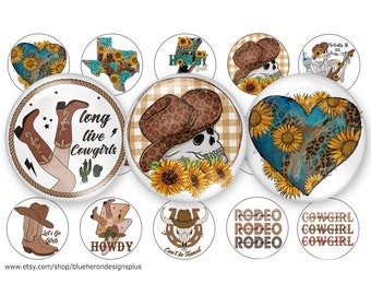 Imágenes de vaqueras del oeste y girasoles - Imágenes de tapas de botellas de 2,5 cm - Hoja de 10 x 15 cm. Descarga digital (imagen JPEG a continuación).