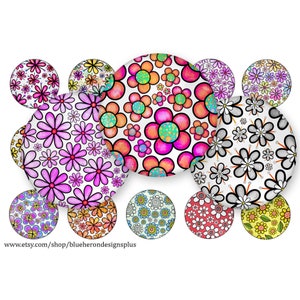 May include: A set of 12 colorful round digital paper designs featuring various floral patterns. The designs include pink, orange, yellow, blue, and white flowers on a white background. The designs are perfect for scrapbooking, card making, and other craft projects.