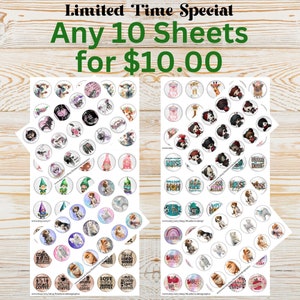 Any 10 Bottle Cap Sheets for 10 Dollars- Limited Time Special- 10 Jpeg Sheets for only 10 Dollars- Digital Downloads- Bottle Cap Images