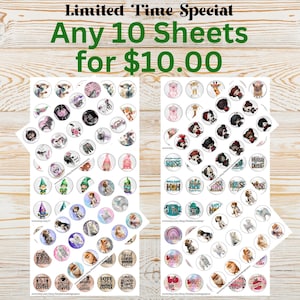 May include: Two sheets of printable 1 inch round stickers featuring various designs. The left sheet features designs of animals, gnomes, and coffee mugs. The right sheet features designs of animals, bears, and nurses. The text "Limited Time Special Any 10 Sheets for $10.00" is at the top of the image.