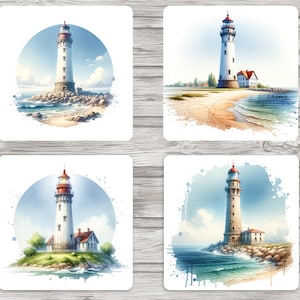 May include: Set of four watercolour paintings featuring lighthouses on the coast. Each painting depicts a different lighthouse with a white tower and red roof, surrounded by blue water and a sandy beach.