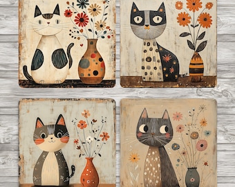 Country Cats & Flowers- 4x4" Sublimation Coaster template (Digital Download)