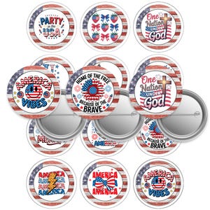 May include: A collection of patriotic pinback buttons with various designs. Some buttons feature text like "Party in the USA," "America Vibes," and "One Nation Under God." Other designs include strawberries, bows, a sunflower, and a lightning bolt.