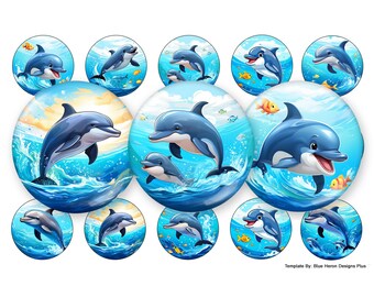 Diversión con delfines, hermosos delfines - Imágenes de tapas de botellas de 2,5 cm - Hoja de 10 x 15 cm. Descarga digital, JPEG y PNG.