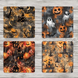 Posavasos cuadrados de Halloween de 4 x 4 pulgadas con sublimación / 1 JPEG de 8,5 x 11 pulgadas, listos para imprimir / 4 PNG individuales / Descarga digital