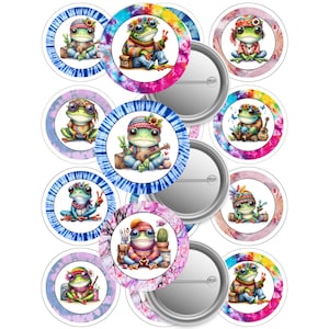 May include: A collection of round buttons featuring cartoon frogs in various hippie-inspired outfits. The frogs are depicted with peace signs, musical instruments, and tie-dye backgrounds. The buttons are in shades of blue, pink, and purple.