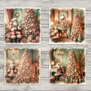 May include: Four vintage-style Christmas cards featuring Santa Claus and decorated Christmas trees. Each card has a watercolor-like background and a festive, whimsical feel.