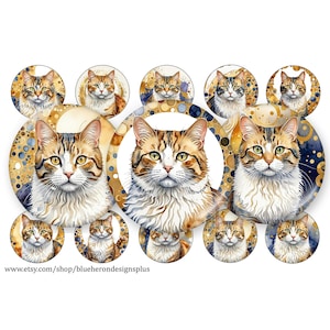 Klimt Cats 1 inch Bottle Cap- Buy 3 get 1 Free- Direction Below, 4x6 sheet-15 Images. Digital Download, JPEG & PNG-25MM-Collage Sheet