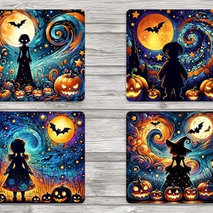 Posavasos cuadrados de 4 x 4 pulgadas con diseño de muñecos espeluznantes, calabazas y noche estrellada, para sublimación, archivos JPEG digitales, diarios basura, álbumes de recortes y tarjetas.
