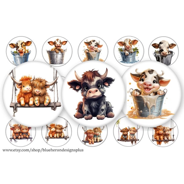 Cows-Cows-Cows-Highland an Cows-1 inch Bottle Cap Images- 4x6 sheet. Digital Download, JPEG and PNG