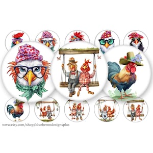 May include: A set of 12 round, white, printable cupcake toppers featuring illustrations of chickens and roosters wearing hats and glasses. Some toppers show chickens on a swing, while others show roosters standing alone. The toppers are perfect for a farm-themed party or event.