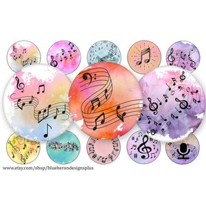 Musikaliska stänk - 2,5 cm bilder på flaskkorkar - musikälskare - 10x15 cm ark - JPEG - PNG - digital nedladdning - 25 mm - konfetti