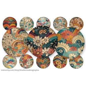 May include: A set of 12 round, colourful, vintage-style, psychedelic, floral and geometric patterned coasters. The coasters feature a variety of designs, including flowers, rainbows, and swirls.