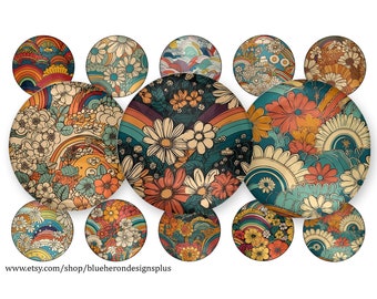 Immagini di tappi di bottiglia con fiori retrò e funky: cerchi da 1 pollice (download digitale)