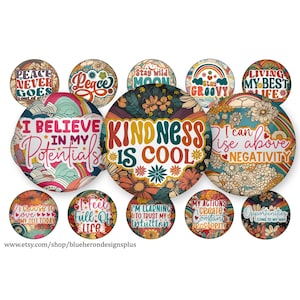 May include: A set of 12 round, colorful, 2-inch diameter stickers with inspirational quotes in a retro 70s style. The quotes include "Peace Never Goes Out Of Style", "I Believe In My Potentials", "Kindness Is Cool", "I Can Rise Above Negativity", "I Choose To Love My Self Today", "I Feel Full Of Life", "I'm Learning To Trust My Intuition", "My Actions Create Constant Prosperity", "Stay Wild Moon", "Stay Groovy", "Living My Best Life", and "Opportunities Come My Way".