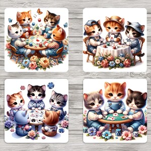 Gattini che giocano a poker con acquerello / Sottobicchieri quadrati 4x4 con stampa a sublimazione / Download immediato / Uso commerciale e personale