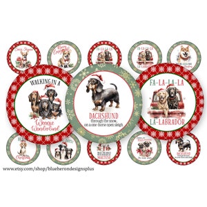 May include: Set of 12 Christmas-themed round paper or vinyl stickers featuring various dog breeds, including Dachshunds, Labradors, and Pugs. Each sticker has a festive design with red and green colors, snowflakes, and a dog-related holiday message.