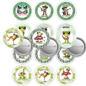 May include: A collection of round pinback buttons featuring cartoon frogs in various poses. The frogs are depicted with different expressions and accessories, with text such as "Ribbetchin'" and "Hoppy Hour". The buttons have a green and white color scheme.