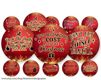 Fun Christmas Quotes- Stunning Red Xmas Frames-1 inch Bottle Caps, Buy 3 Get 1 FREE- 15 images on 4x6 sheet. Digital Download.  JPEG&PNG
