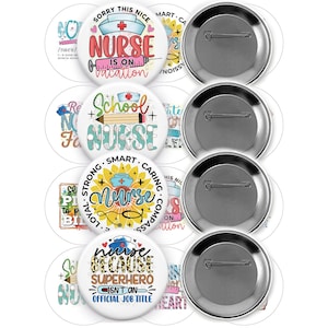 May include: Set of six 2.25 inch button badges with colourful designs featuring the word "nurse" and various phrases. The designs include a nurse with a stethoscope, a sunflower, a pencil and a ruler. The badges are white with silver backs.