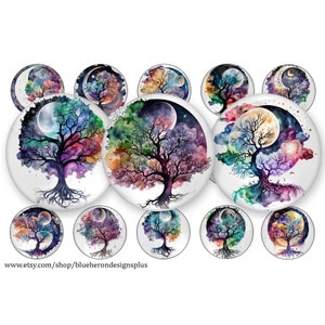 May include: Twelve round, colourful, watercolour paintings of a tree with roots, branches, and leaves. The tree is surrounded by a crescent moon and stars. The paintings are on a white background.