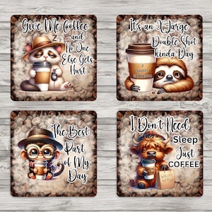 Koffiedrinkende dieren sublimatie vierkante onderzetters van 4 x 4 inch | 1 jpeg, 8,5 x 11, temperatuur, klaar om af te drukken | 4 individuele png | Direct downloaden
