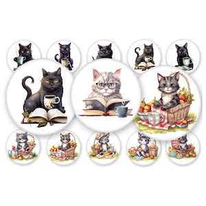 Cat-coffee-books-picnic mix-1 inch Bottle Cap- Buy 3 get 1 Free- Direction Below, 4x6 sheet15 Images- Digital Download, JPEG & PNG