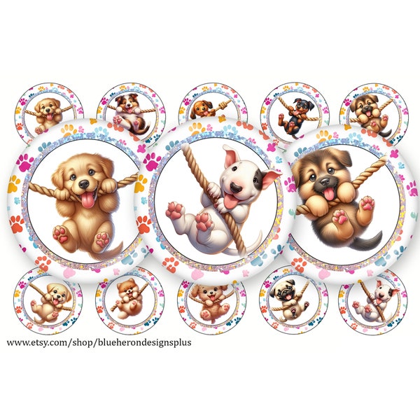 Swinging Dogs Bottle Cap Images- Buy 3 get 1 Free- See Direction Below, 4x6 Bottle Cap sheet-Digital Download, JPEG&PNG-25MM Images-Confetti