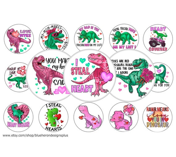 1 inch Bottle Cap Images-Valentine's Dinosaur Images, 4x6 sheet. Digital Download, JPEG