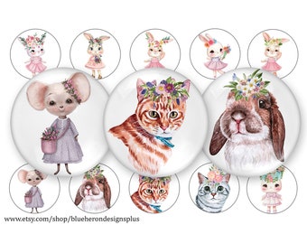 Imágenes de tapas de botellas de animales con flores de 1 pulgada - Hoja de 4x6 (Descarga digital) 25 mm