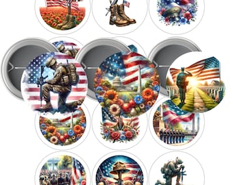 May include: Set of 10 round button pins featuring patriotic American flag designs. The designs include a soldier kneeling in prayer, a soldier saluting, a wreath of flowers, a soldier's helmet with a rifle, and a soldier standing in front of a cemetery.
