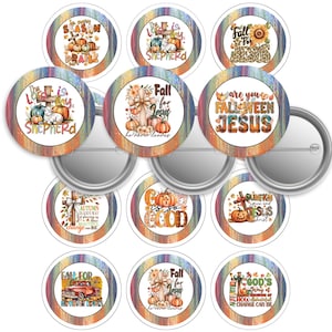 Pode incluir: Uma coleção de botões redondos com temas de outono e religiosos. Os botões apresentam texto e gráficos, incluindo abóboras, cruzes e as frases "Fall for Jesus" e "Autumn is God's Way".