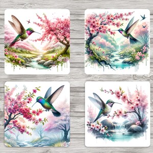 Hummingbird and Cherry Blossom Trees 4x4 Square Sublimation Images and Template