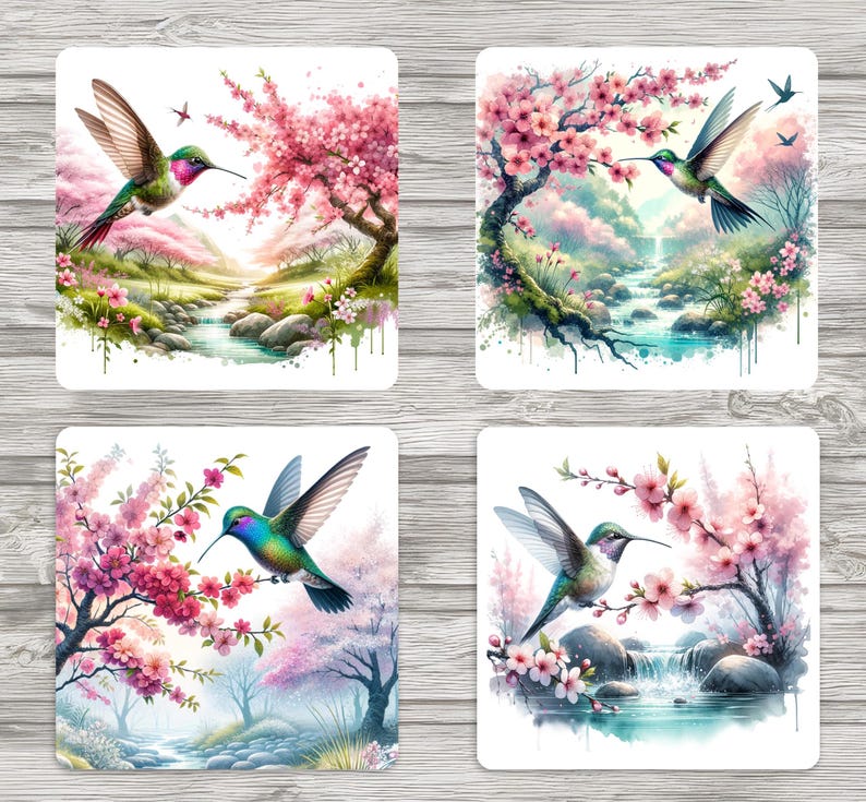 Hummingbird and Cherry Blossom Trees 4x4 Square Sublimation Images and Template