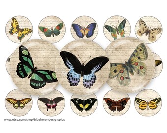 Puede incluir: Doce posavasos redondos de color crema con un fondo de texto manuscrito vintage. Cada posavasos presenta un diseño de mariposa diferente con varios colores, incluidos el azul, el verde, el amarillo, el negro y el rojo.