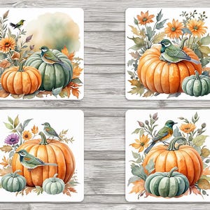 Posavasos cuadrados de 4 x 4 pulgadas con diseño de flores y calabazas de otoño - Descarga digital - Archivo JPEG - Posavasos - Diario basura - Álbum de recortes