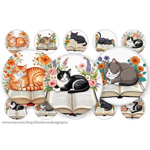 Cats on Books with Flowers -1 inch Bottle Cap- Buy 3 get 1 Free- See Direction Below, 4x6 sheet. Digital Download, JPEG & PNG-25MM Images