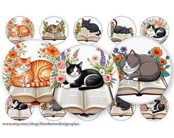 Gatti sui libri, immagini floreali, immagini di tappi di bottiglia da 1 pollice (download digitale)