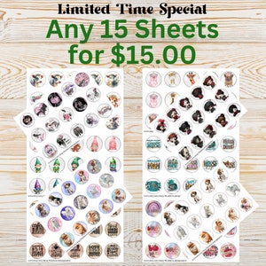 Any 15 Bottle Cap Sheets for 15 Dollars- Limited Time Special- 15 Jpeg Sheets for only 15 Dollars- Digital Downloads- Bottle Cap Images