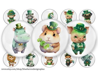 Imágenes de animales de San Patricio - Imágenes de tapas de botellas de 1 pulgada - Imagen de vidrio. JPEG - Descarga digital - Hoja de collage - Hoja de 4x6 - 15 imágenes - 25 mm - Compra 3 y llévate 1 gratis