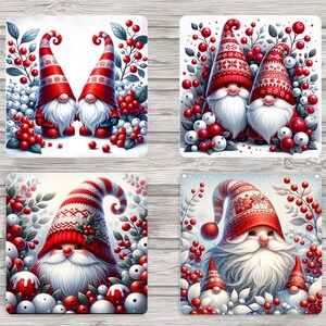 May include: Four illustrations of gnomes wearing red and white knit hats with white beards and red cheeks. The gnomes are surrounded by red berries and white berries on green branches.