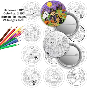 Può includere: Un set di 24 spille da colorare fai-da-te a tema Halloween da 5,7 cm, con illustrazioni circolari in bianco e nero di fantasmi, zucche e personaggi in costume, accompagnate da una serie di matite colorate per la personalizzazione.