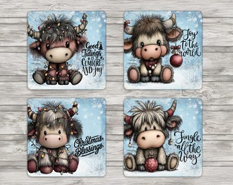 Highland Cow Christmas 10x10 cm fyrkantiga sublimeringsunderlägg | Direkt nedladdning | 4 separata bilder | Plus mall