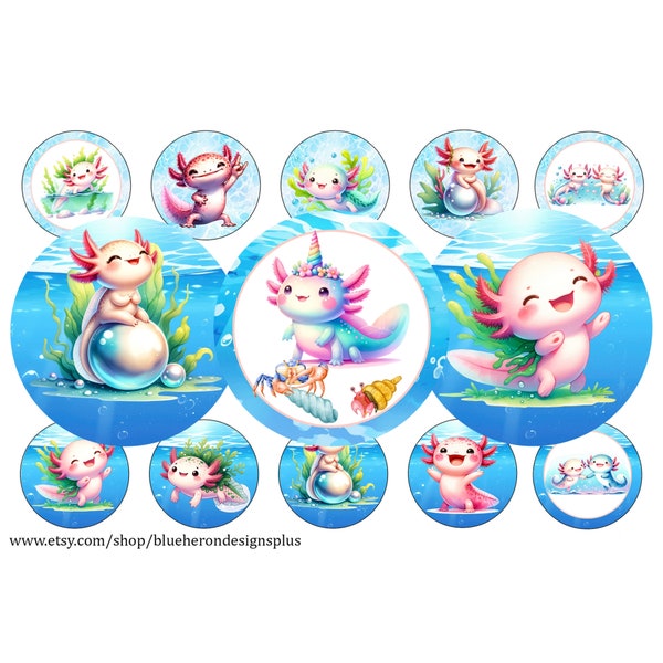 Axolotl Amphibians-1 inch Bottle Cap Images- Buy 3 get 1 Free-Read Directions Below, 4x6 sheet. Digital Download, JPEG and PNG-25MM-Collage